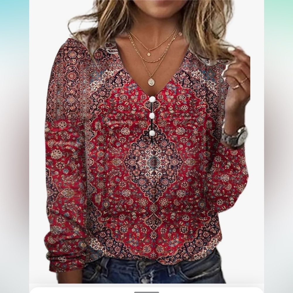 Red Paisley V-Neck Boho Blouse with Button Placket